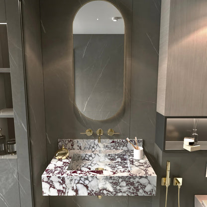 Modern Wall Mount Faucet, Marble Sink, Calacatta Viola Washbasin