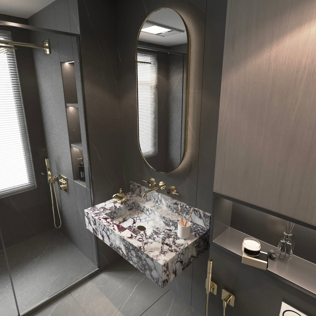 Modern Wall Mount Faucet, Marble Sink, Calacatta Viola Washbasin