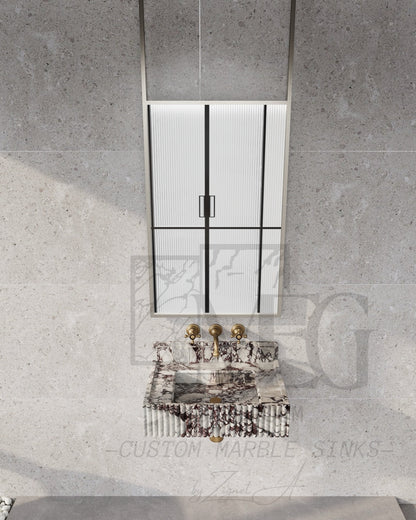 Handcrafted Calacatta Viola Fluted Wall-Mounted Marble Sink – Luxury Bathroom Vanity Basin