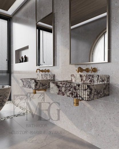Handcrafted Calacatta Viola Fluted Wall-Mounted Marble Sink – Luxury Bathroom Vanity Basin