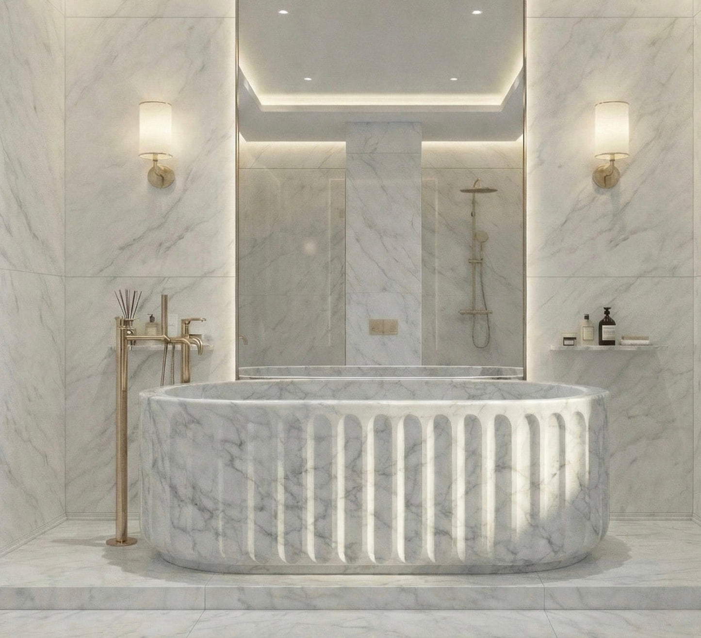 Beige Travertine Bathtub, Solid Natural Stone Soaking Tub, Oval Freestanding Bath