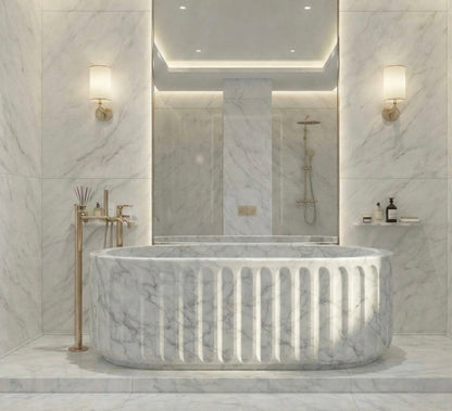 Beige Travertine Bathtub, Solid Natural Stone Soaking Tub, Oval Freestanding Bath