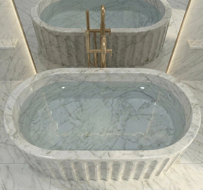 Beige Travertine Bathtub, Solid Natural Stone Soaking Tub, Oval Freestanding Bath