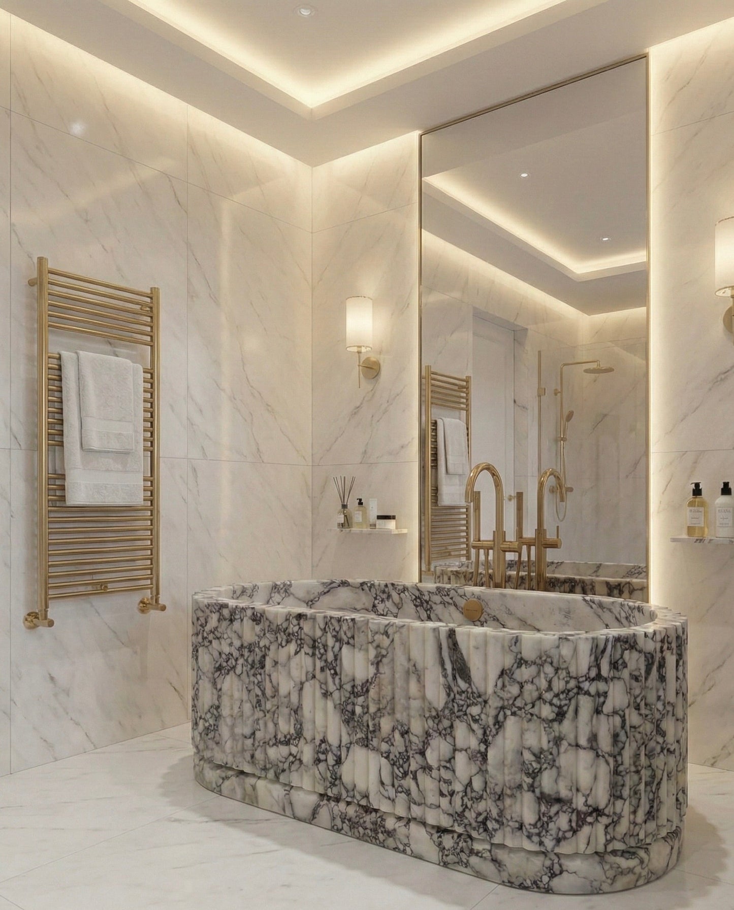 Fluted Arabescato Breccia Bathtub, Ribbed Natural Stone Bath