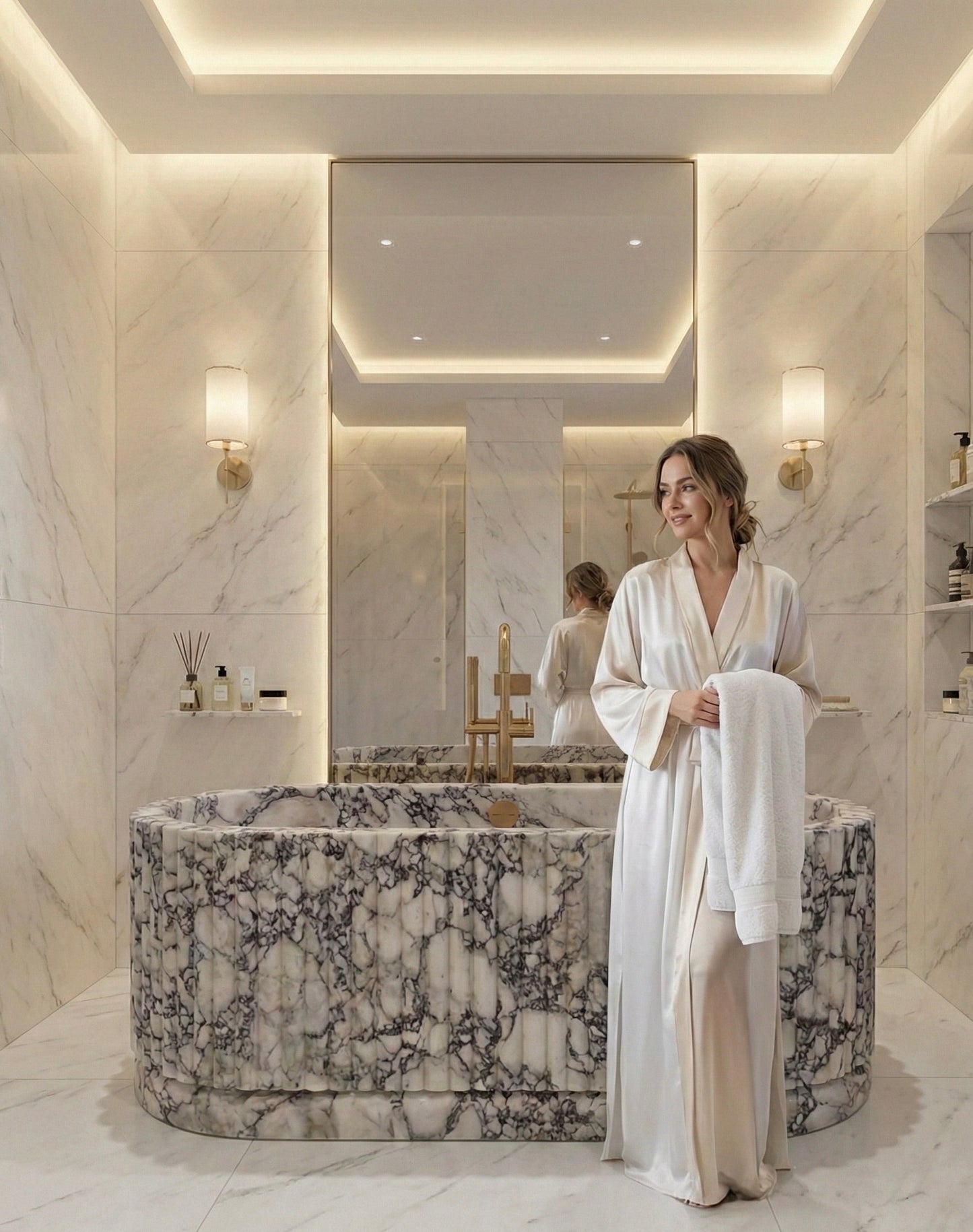 Fluted Arabescato Breccia Bathtub, Ribbed Natural Stone Bath