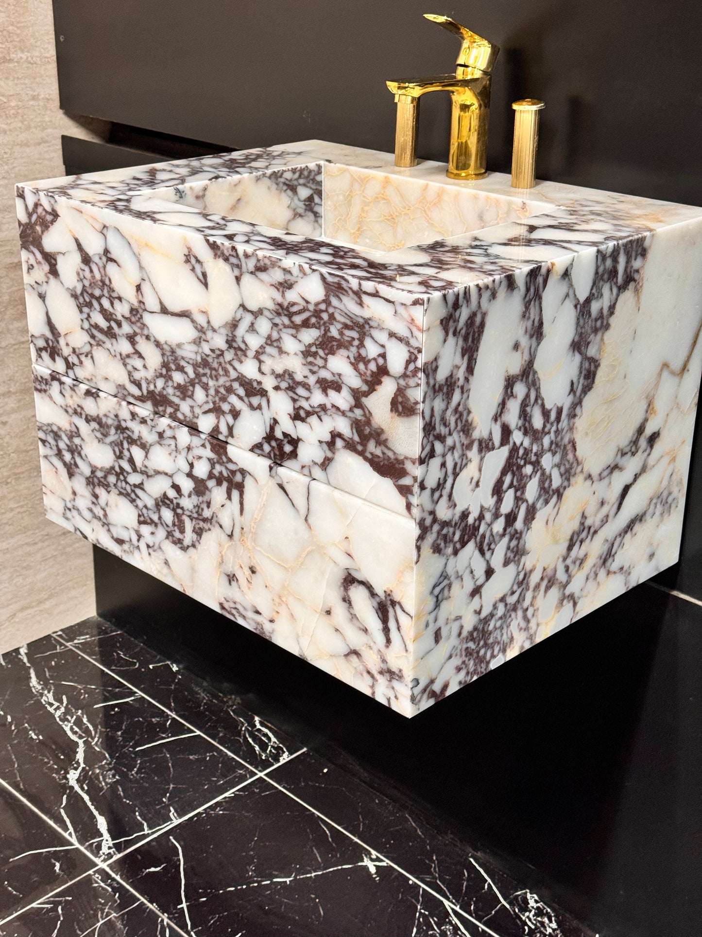 Calacatta Marble Vanity Sink, Functional Marble Drawers
