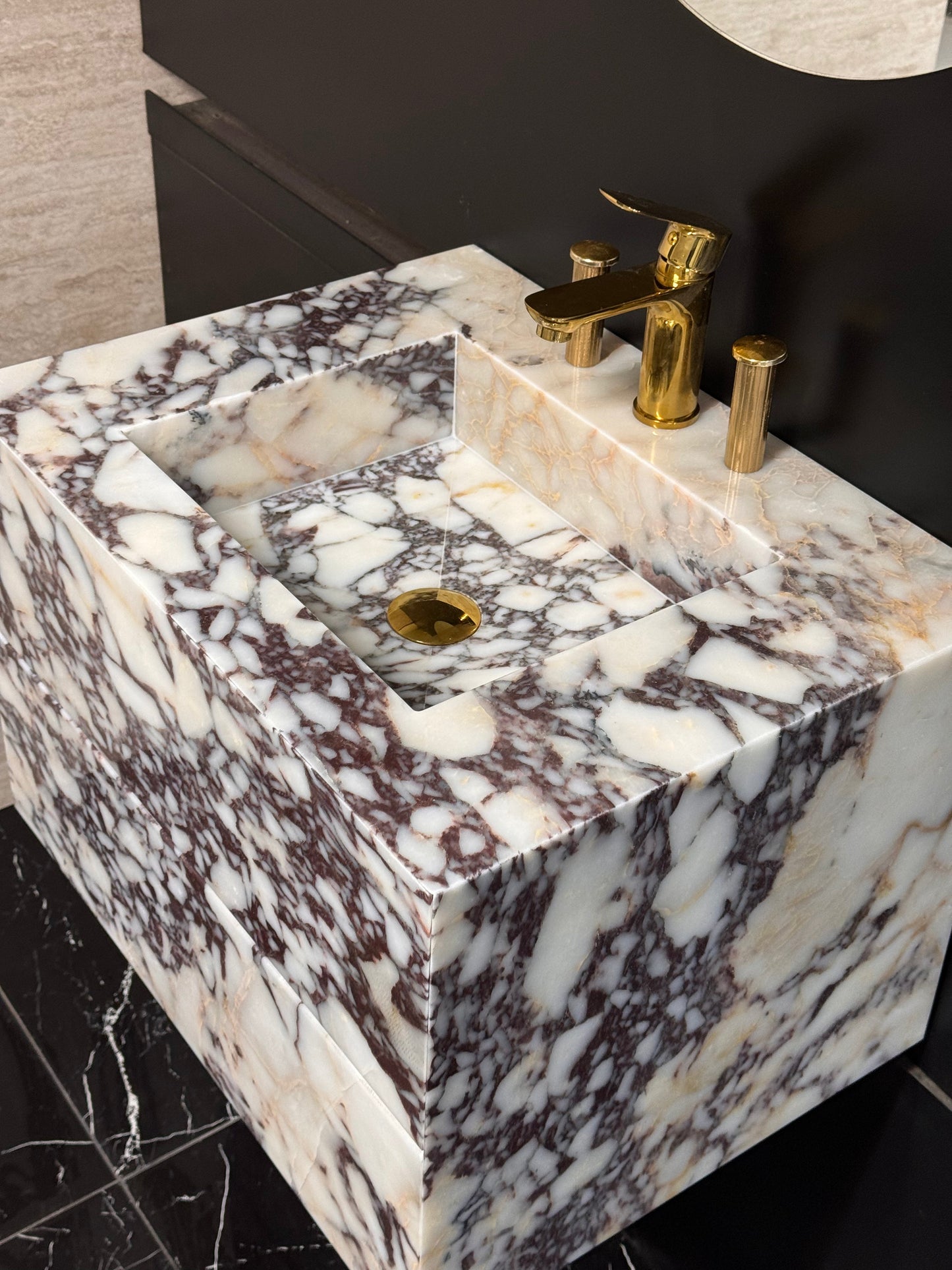 Floating wall-mounted design Calacatta Viola Sink Cabinet Vanity
