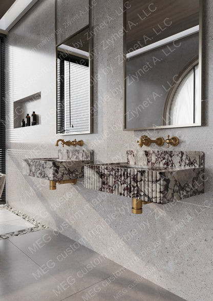 Handcrafted Calacatta Viola Fluted Wall-Mounted Marble Sink – Luxury Bathroom Vanity Basin