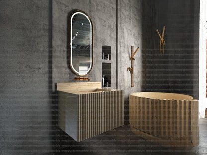 Wall Mount Travertine Stone Vanity Unit with Stone Drawers and Integrated Sink