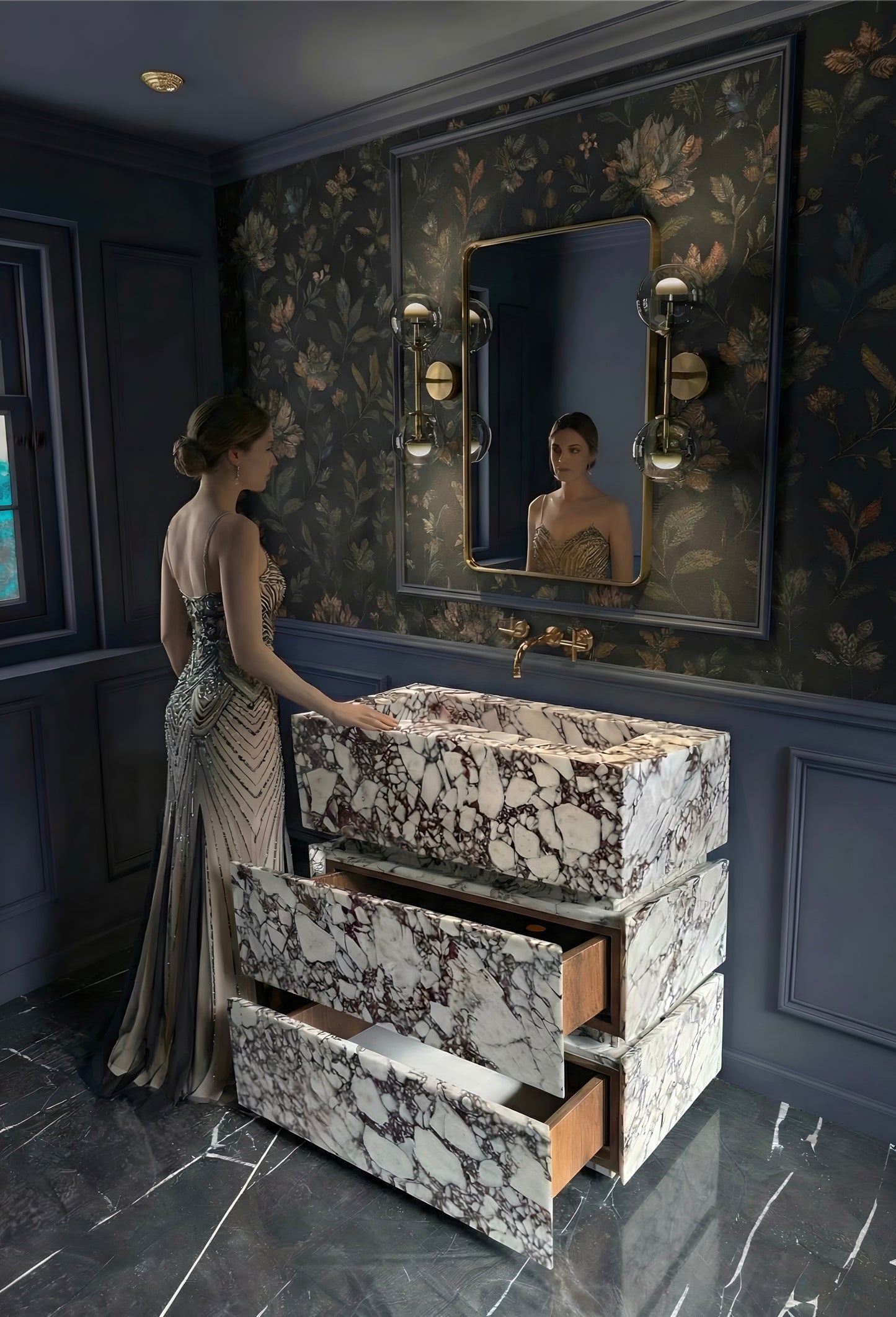 Calacatta Viola Marble Bathroom Vanity with Marble Drawers