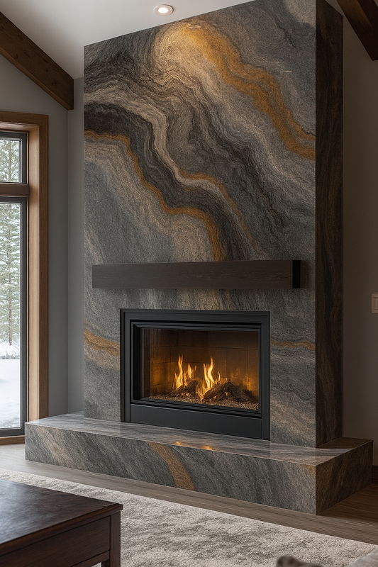 Luxury Gray & Brown Veined Marble Fireplace