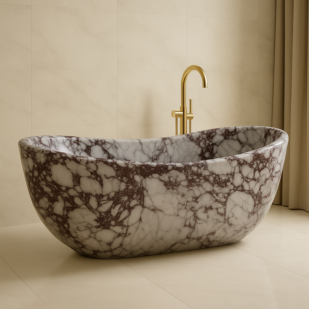Calacatta Viola Marble Freestanding Bathtub – Luxury Italian Stone Tub with Gold Faucet