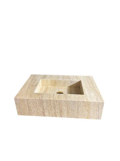 Custom Travertine Floating Vanity with Integrated Sink | Honed Beige Natural Stone